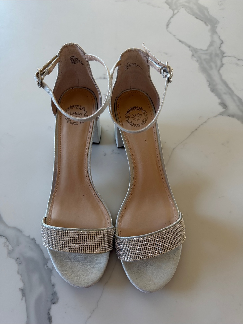 Silver Rhinestone Block Heel Sandals - Ankle Strap